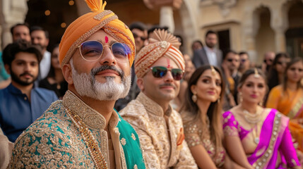 Colorful wedding celebration with traditional attire and joyful expressions