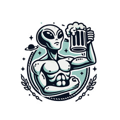 Obraz premium Muscular alien holding a frothy beer mug with a cosmic-themed background. A bold and fun design for sci-fi, beer, or fitness-related projects. Isolated vector illustration.