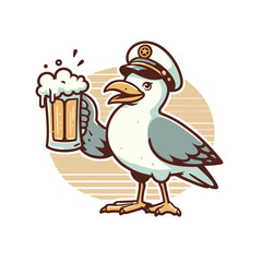 Cartoon seagull dressed as a captain holding a beer mug, standing confidently against a textured background. Perfect for nautical, bar, or humorous designs. Isolated vector illustration.
