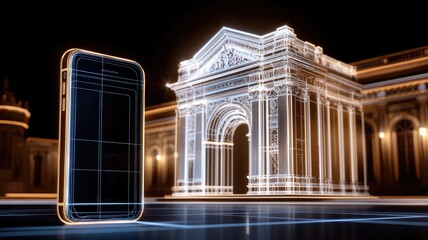Fototapeta premium Futuristic smartphone with glowing architectural structure Digital and modern concept