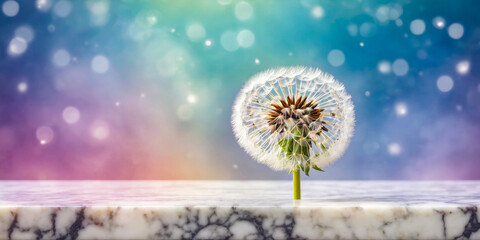 Obraz premium Dandelion Seed Head on Marble Surface with Bokeh Background