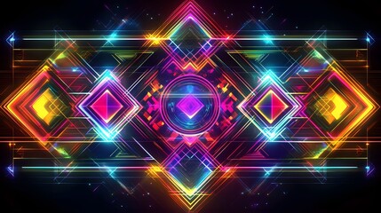 Vibrant geometric light patterns digital art abstract design dark background high contrast modern aesthetic