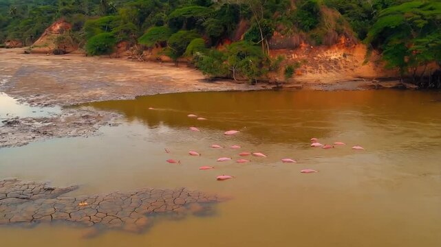 Pink River Dolphins Swim in a Tranquil River Surrounded by Lush Greenery in a Remote Area