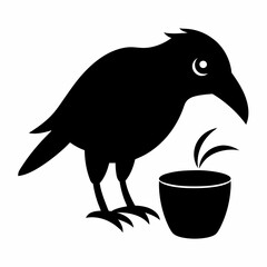 Thirsty crow drinking water silhouette vector logo
