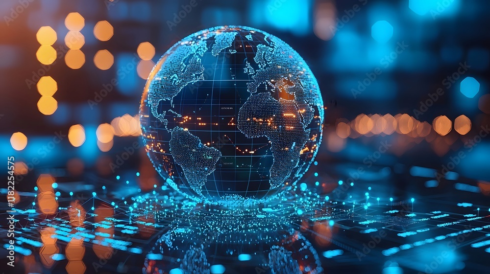 Poster glowing digital globe with interconnected data points representing global data analytics and intelli