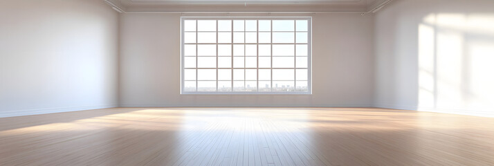 Empty white room with white wall, wooden floor and big window. Studio or office blank space. Empty template for interior product. Background for branding design showcase with copy space