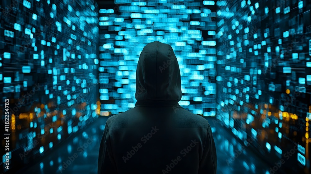 Poster hacker silhouette accessing private data while big data analytics displays on the screen in a blende