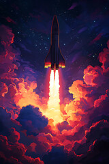 A rocket ascends through vibrant clouds, symbolizing exploration and innovation.