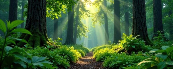 Fototapeta premium A calm and peaceful forest glade with tall trees and ferns in the background, woodland, tree