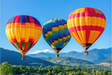 Naklejka premium Colorful hot air balloons soar over a stunning mountain landscape on a bright sunny day. A breathtaking view!