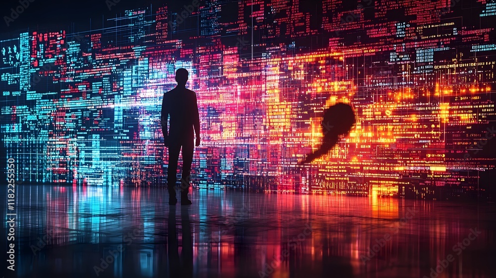 Poster silhouette of a hacker exploring a vibrant digital landscape filled with charts graphs and data visu