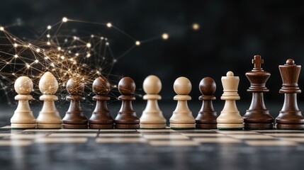 Abstract representation of business strategy using chess pawns and digital icons on a dark surface with a modern technology theme