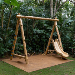 Wooden swing set with slide in lush garden setting, perfect for outdoor fun