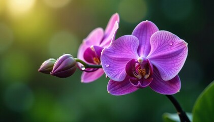 A single stem of a purple orchid with morning dew on its leaves, Stems, Leaves