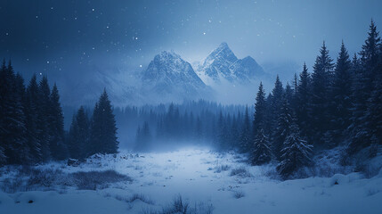 Snowy mountain landscape at dusk with trees and soft snowfall in winter season