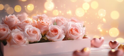 Delicate pink roses arranged beautifully in a box with soft bokeh lights for a romantic celebration