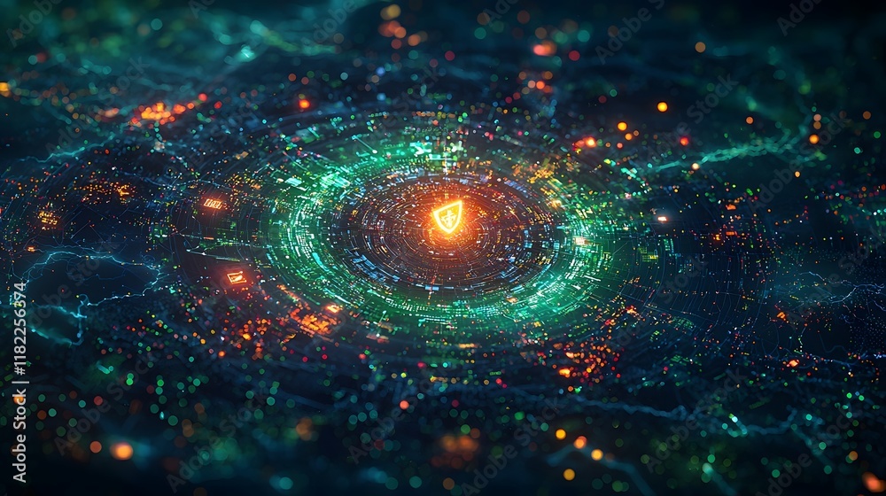 Poster cybersecurity threats and big data analysis visualized in a dynamic geometric particle pattern futur
