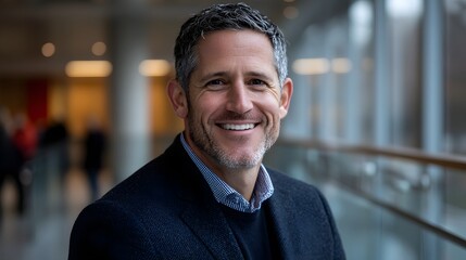 Obraz premium Confident and Successful Business Executive Portrayed in a Corporate Office Environment Exuding a Positive and Optimistic Demeanor Through His Warm Smile and Assured Presence