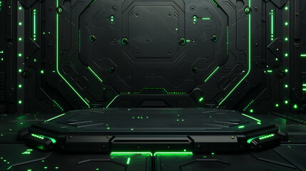 Fototapeta premium Futuristic sci-fi green tech interface podium with glowing green neon lights 
