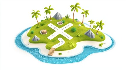 A vibrant island landscape with palm trees and playful hills.