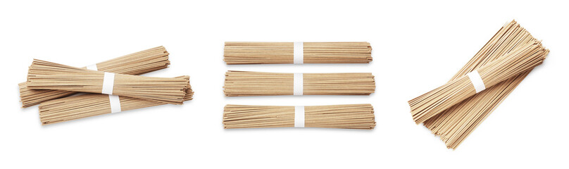Soba isolated on white, top view. Buckwheat noodles, set