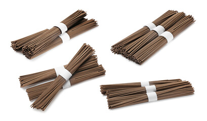 Soba isolated on white, set. Buckwheat noodles