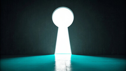 A large, glowing keyhole shape is set against a dark background, casting light onto the floor. The light creates a sense of mystery and intrigue, inviting the viewer to imagine what lies beyond.AI