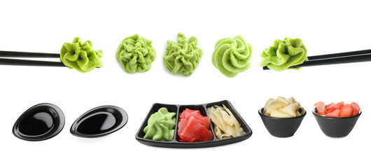 Wasabi, pickled ginger and soy sauce isolated on white, collage