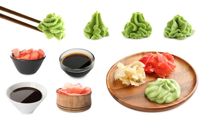 Wasabi, pickled ginger and soy sauce isolated on white, collage