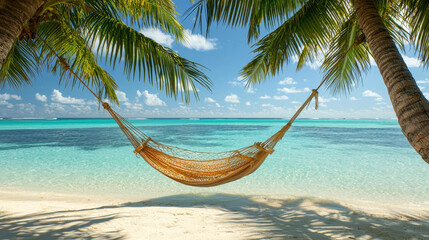 Fototapeta premium serene tropical beach with hammock between palm trees, inviting relaxation