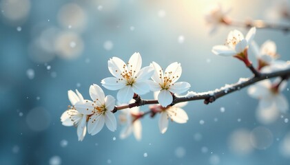 Delicate white jasmine flowers on a snowy background, blossoms, jasmine