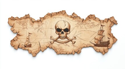 Pirate treasure map featuring skull and ship illustrations.