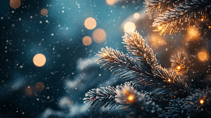 Fototapeta premium Snow falls gently on a Christmas tree adorned with soft lights and shimmering ornaments