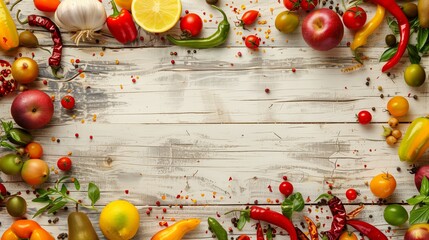 Frame with lots of healthy fruits and vegetables with copy space