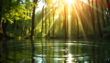 Reflet de la forêt et du soleil dans l'eau