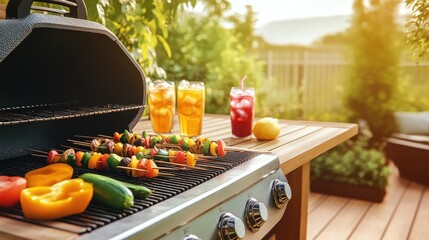 A sunny outdoor grill scene with skewers and refreshing drinks on a wooden table.