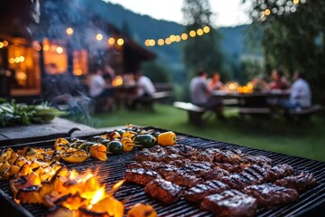 Grilling at Sunset BBQ, Meat, Vegetables, Outdoor Party, Bokeh Lights BBQ, grilling