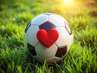 Fototapeta premium Valentine's Day Soccer Ball: Red Heart on Green Grass - Romantic Sports Photo