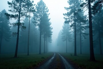 Fototapeta premium Foggy forest scene with tall fir trees in misty atmosphere, atmosphere, firs, fog