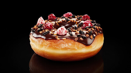 Close-up of a delicious donut with various toppings of berries and chocolate. Homemade sweet treat dessert to bake yourself 