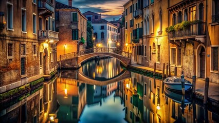 Fototapeta premium Venice Night Reflections: Glowing Canal Shadows & Cityscape