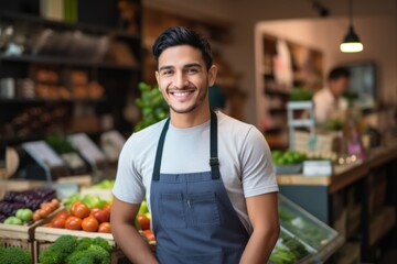 Portrait of a smiling young man working in healthy food store
