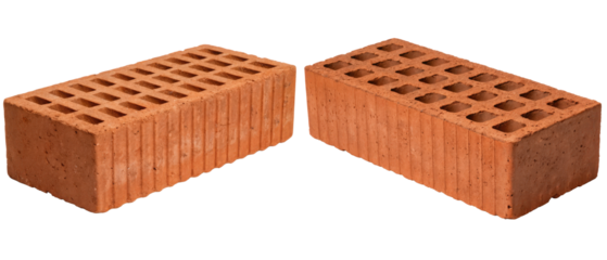 Two red clay bricks for construction isolated with transparent background