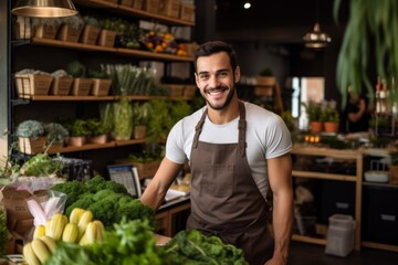 Fototapeta premium Portrait of a smiling young man working in healthy food store