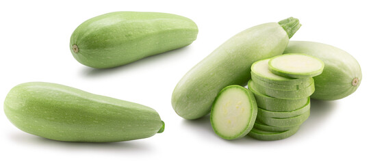 set of zucchini with slices isolated on white background