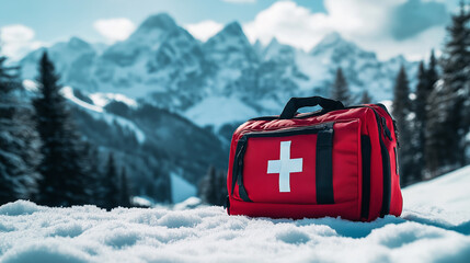 Red emergency first aid bag with white cross in snowy mountain landscape, outdoor safety and rescue concept, winter travel and survival essentials