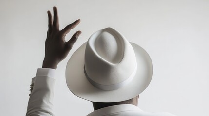 Stylish Man in White Hat with Hand Gesture