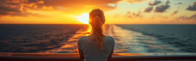 Fototapeta premium A serene portrait of a woman enjoying sunset on a ship deck, capturing tranquility and golden hues, ideal for travel or lifestyle photography.