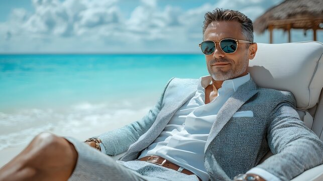 Successful businessman in designer sunglasses relaxing on a plush beach lounger taking in the soothing ocean breeze while vacationing at an exclusive tropical resort