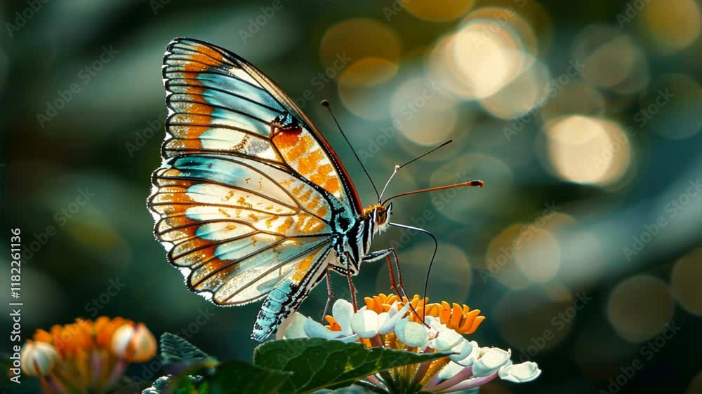 Poster vibrant butterfly resting on colorful flowers, showcasing intricate wings and delicate patterns, wit